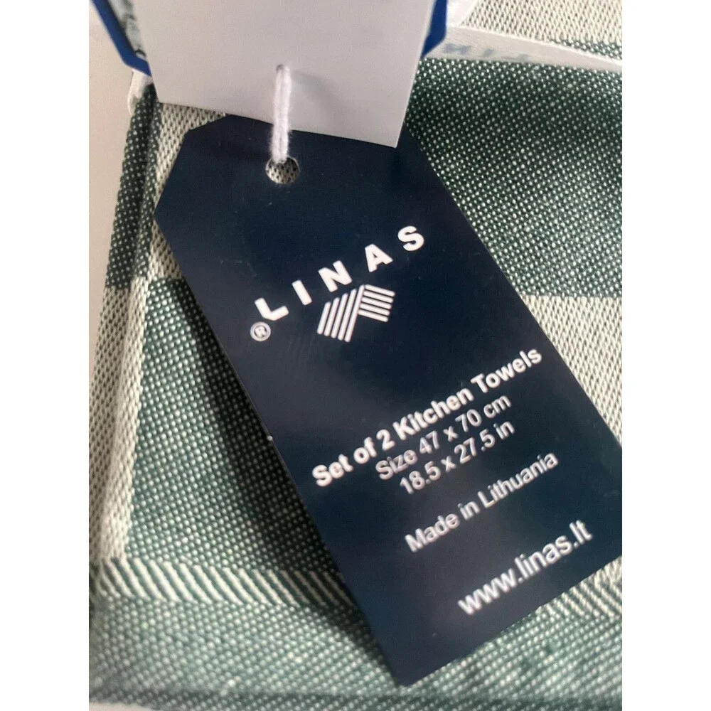 Linas World Traveler Kitchen Dish Towels Set of 2 Green Recycled Cotton Check